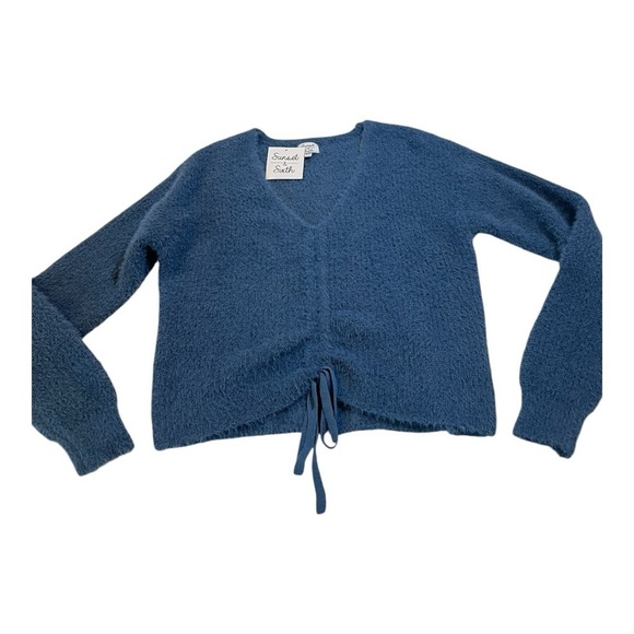 Sunsets & Sixth Fuzzy Long Sleeve Indigo Blue Tie V Neck Slouchy Sweater NEW - Picture 2 of 13